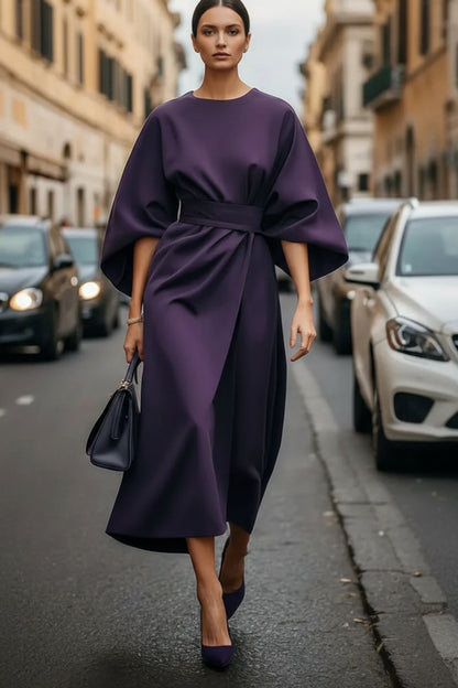 Lantern Sleeve Tie-Waist Cocktail Midi Dress