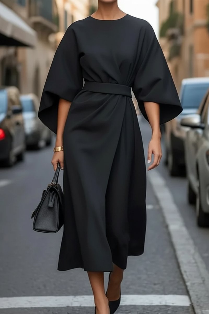 Lantern Sleeve Tie-Waist Cocktail Midi Dress