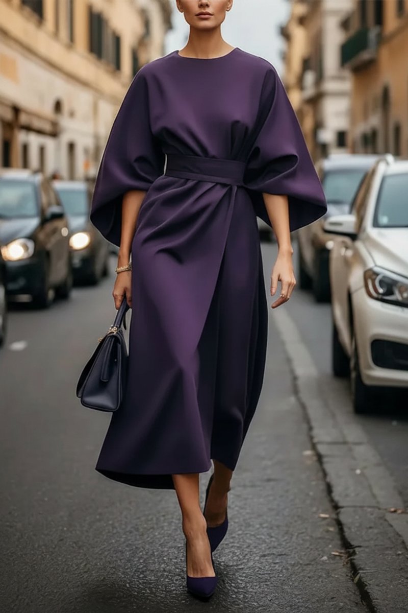 Lantern Sleeve Tie-Waist Cocktail Midi Dress