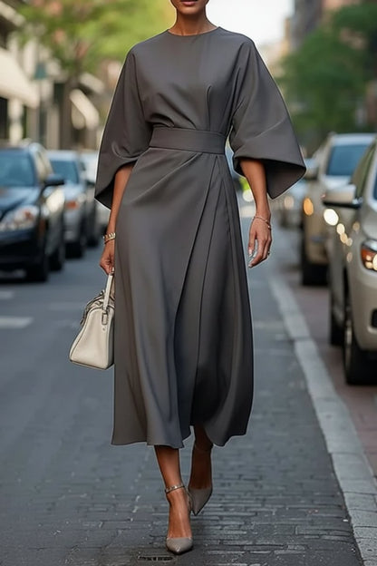 Lantern Sleeve Tie-Waist Cocktail Midi Dress