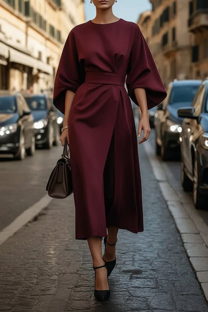 Lantern Sleeve Tie-Waist Cocktail Midi Dress