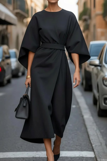 Lantern Sleeve Tie-Waist Cocktail Midi Dress