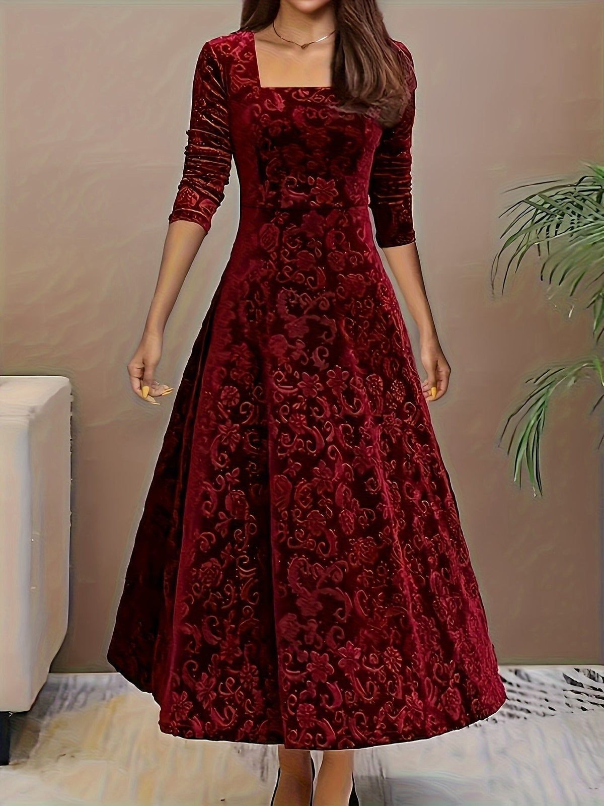Floral Embossed Velvet Midi Dress