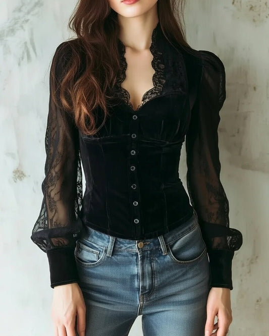 Women's Velvet Button-Through Blouse with Sheer Lace Sleeves