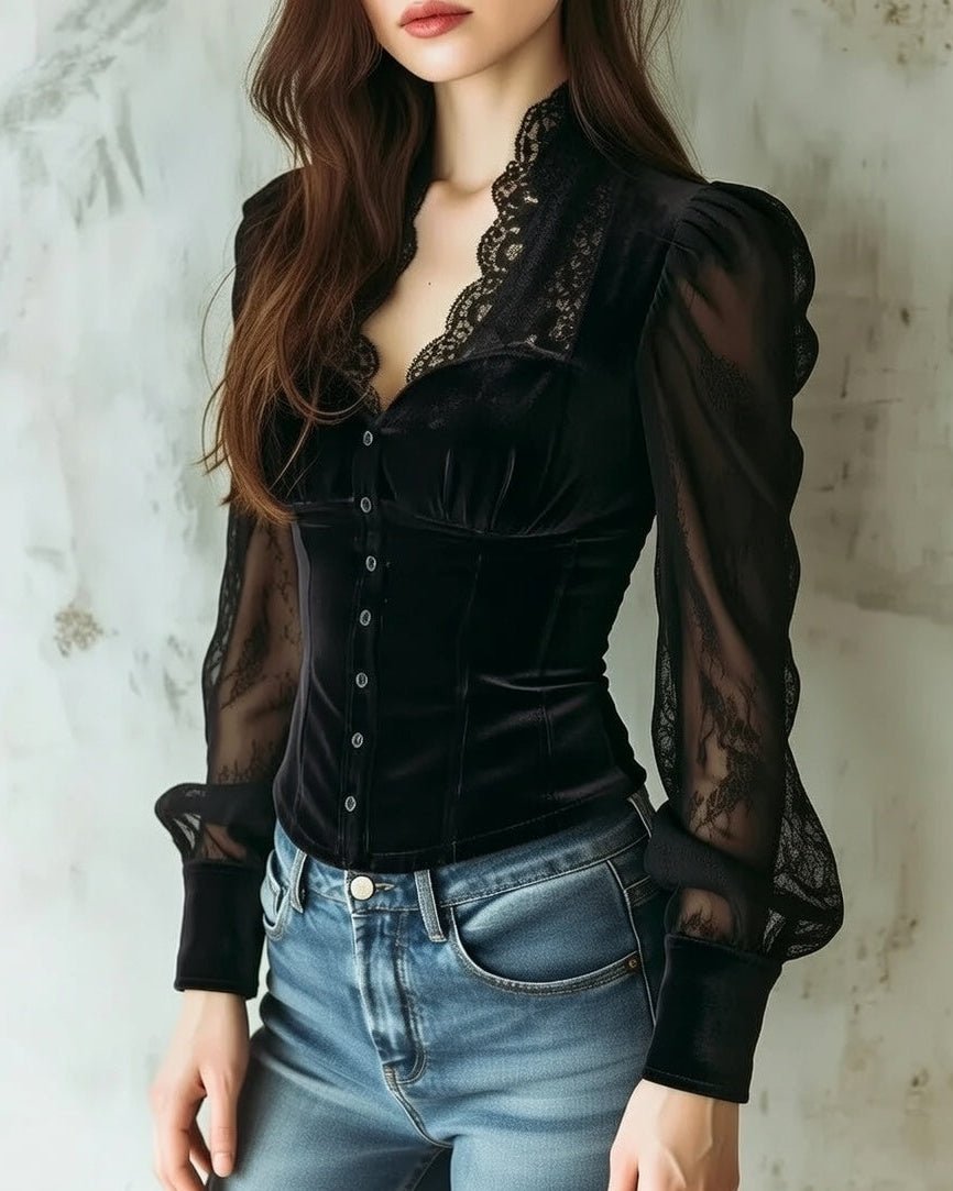 Women's Velvet Button-Through Blouse with Sheer Lace Sleeves