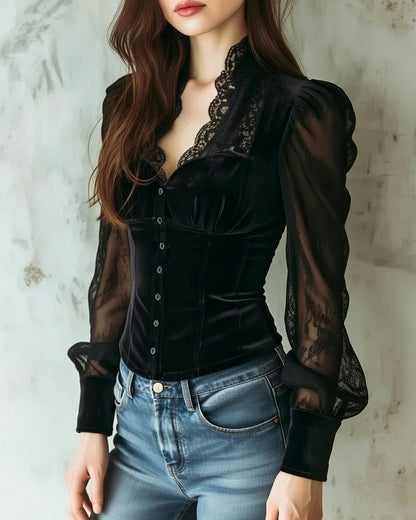 Women's Velvet Button-Through Blouse with Sheer Lace Sleeves