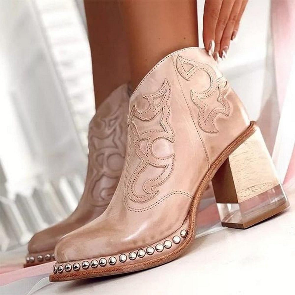 Embroidered Western Ankle Boots with Stud Trim and Block Heel
