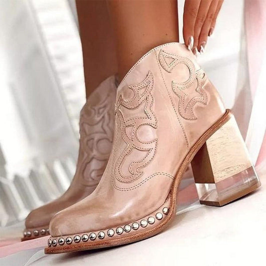 Embroidered Western Ankle Boots with Stud Trim and Block Heel