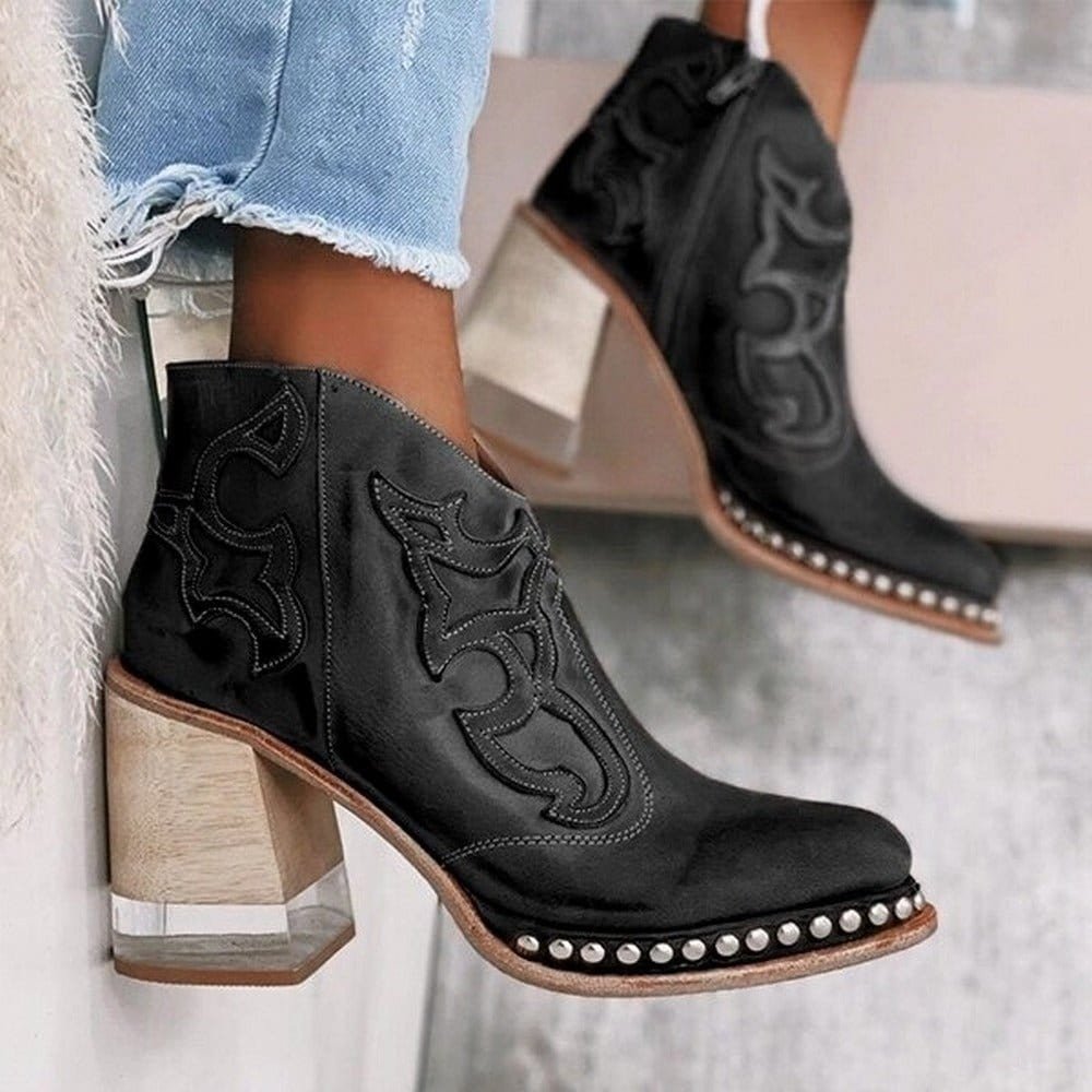 Embroidered Western Ankle Boots with Stud Trim and Block Heel