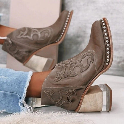 Embroidered Western Ankle Boots with Stud Trim and Block Heel