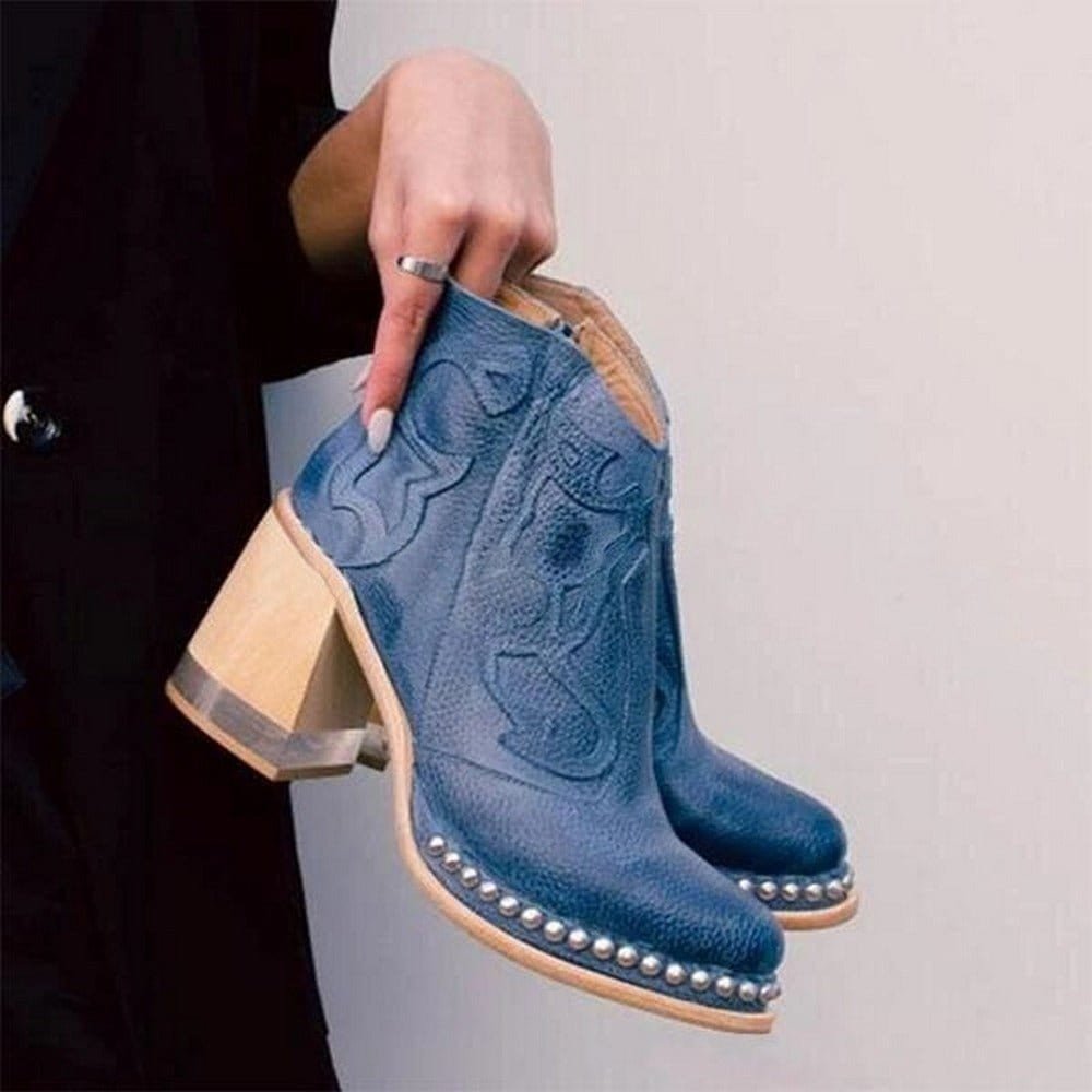 Embroidered Western Ankle Boots with Stud Trim and Block Heel