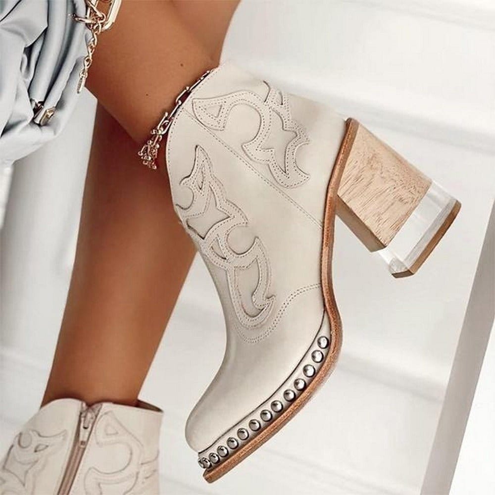 Embroidered Western Ankle Boots with Stud Trim and Block Heel