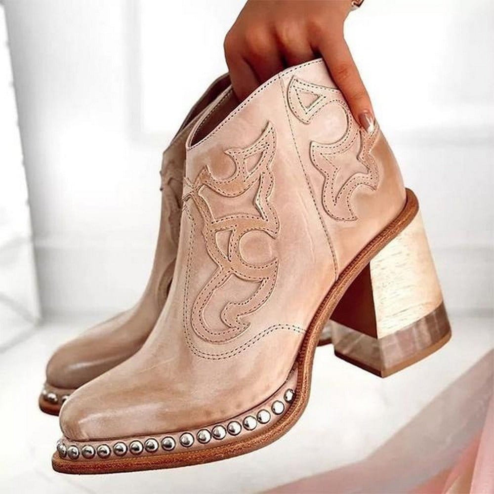 Embroidered Western Ankle Boots with Stud Trim and Block Heel