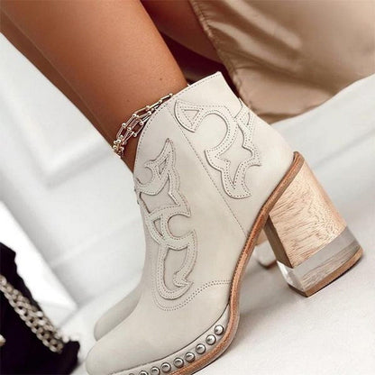 Embroidered Western Ankle Boots with Stud Trim and Block Heel