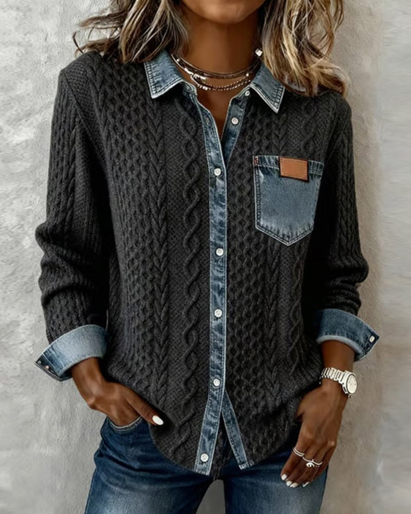 Women's Denim-Trim Cable Knit Top