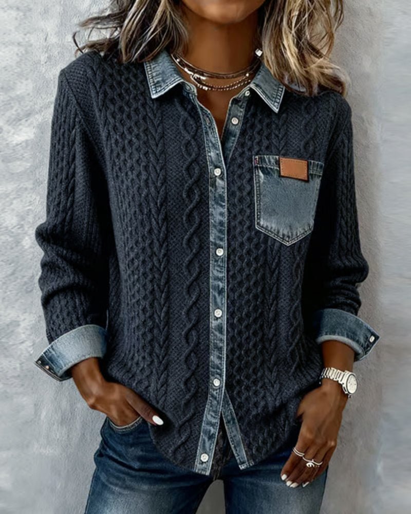 Women's Denim-Trim Cable Knit Top