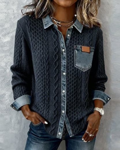 Women's Denim-Trim Cable Knit Top