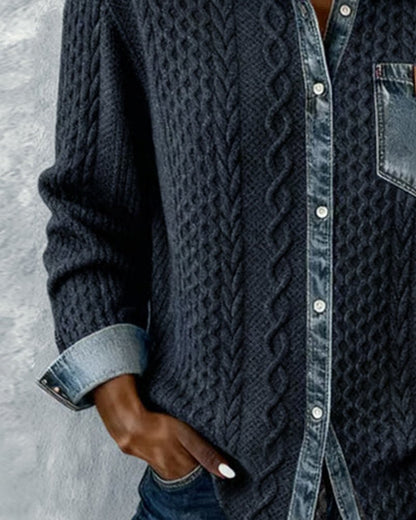 Women's Denim-Trim Cable Knit Top
