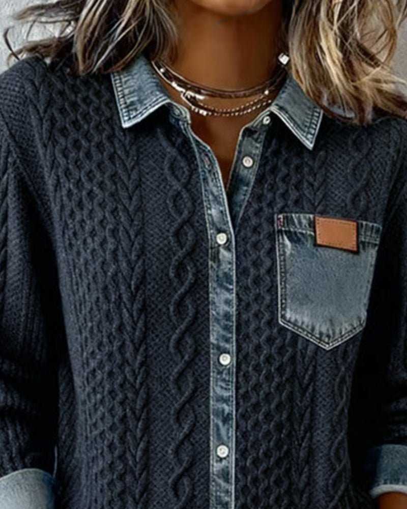 Women's Denim-Trim Cable Knit Top