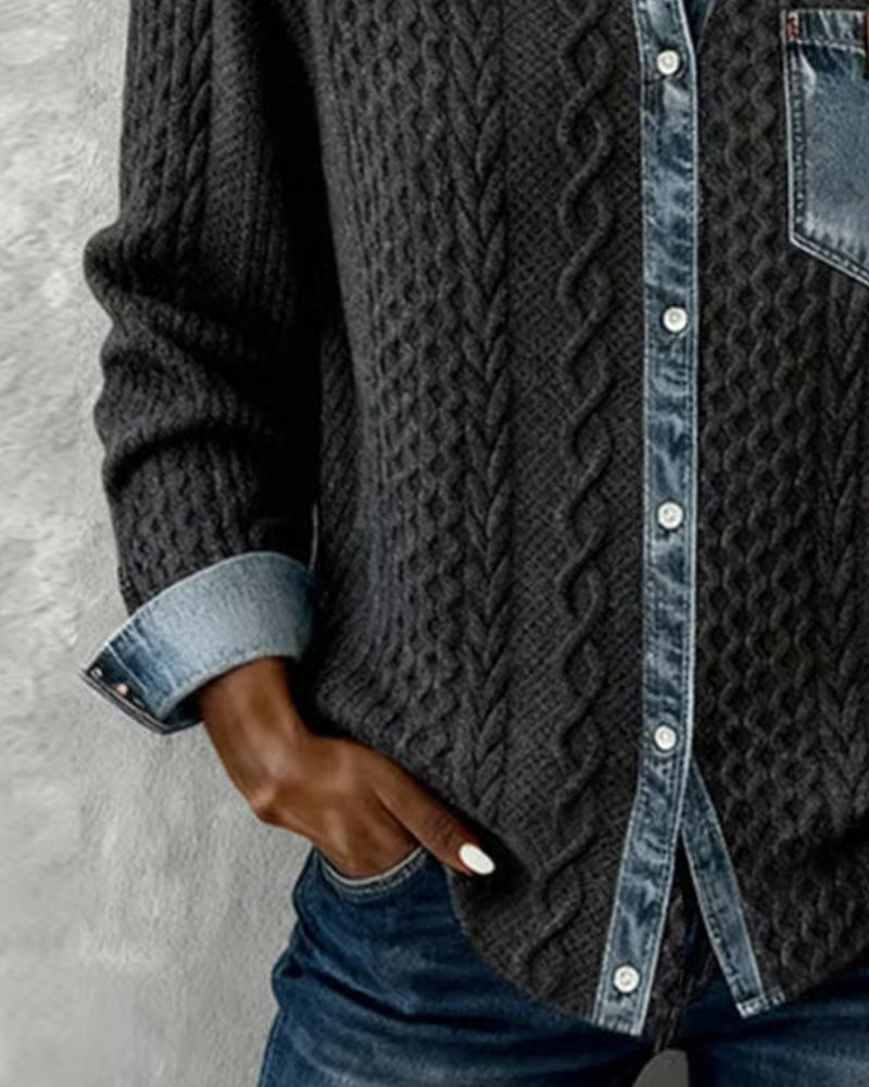 Women's Denim-Trim Cable Knit Top