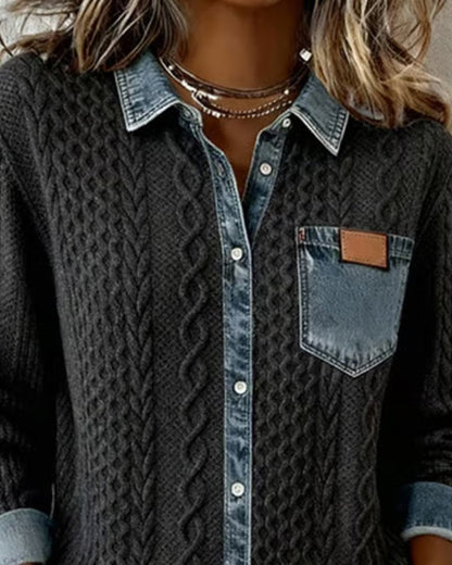 Women's Denim-Trim Cable Knit Top