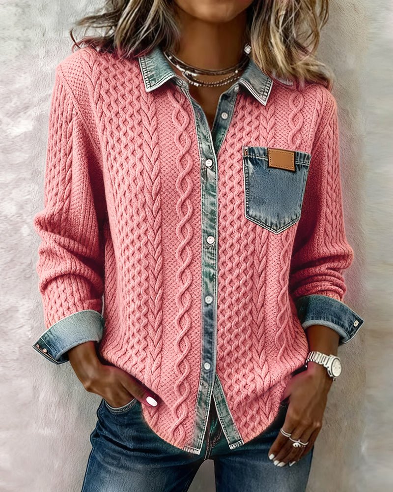 Women's Denim-Trim Cable Knit Top