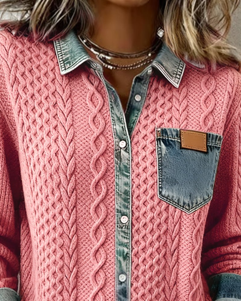 Women's Denim-Trim Cable Knit Top