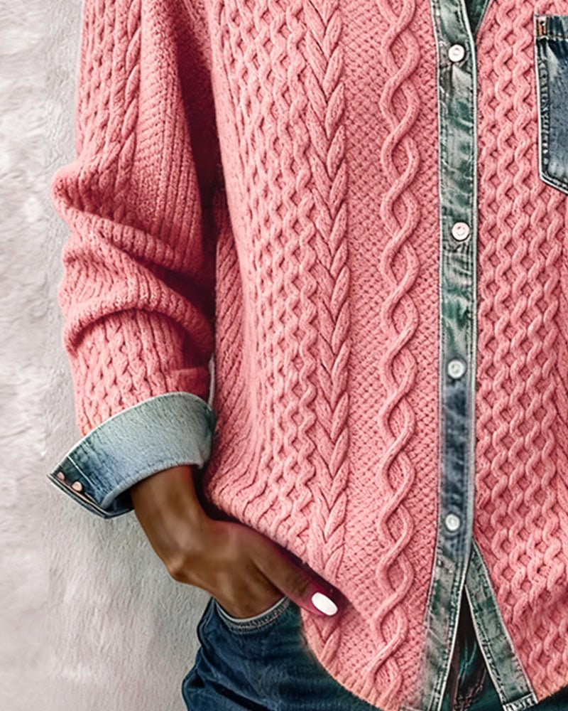 Women's Denim-Trim Cable Knit Top