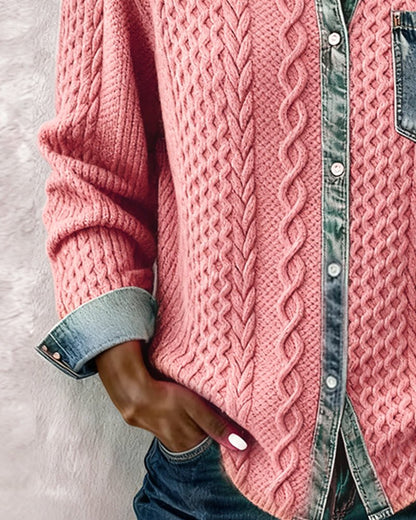Women's Denim-Trim Cable Knit Top
