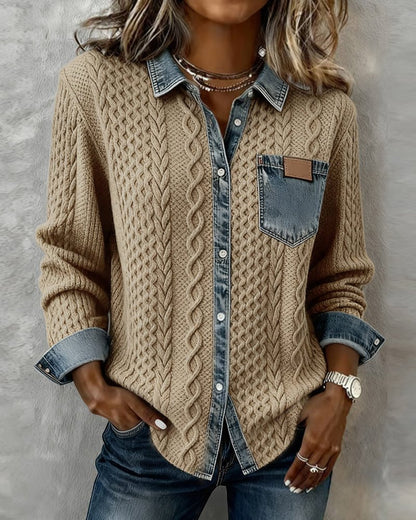 Women's Denim-Trim Cable Knit Top