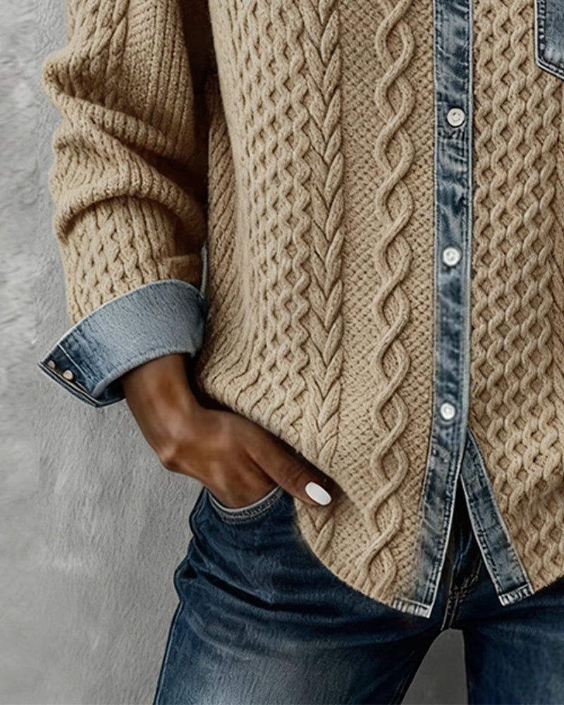 Women's Denim-Trim Cable Knit Top