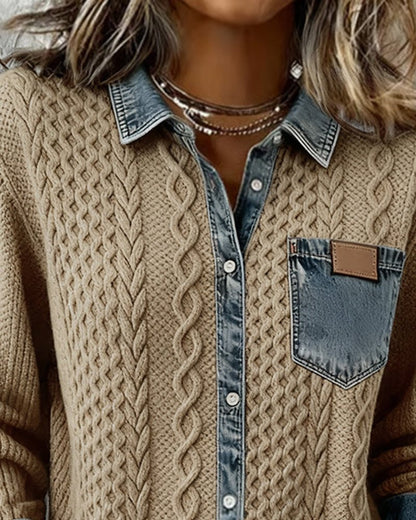Women's Denim-Trim Cable Knit Top