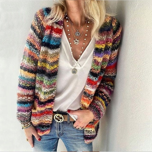Multi-Colour Striped Knit Sleeveless Vest Cardigan