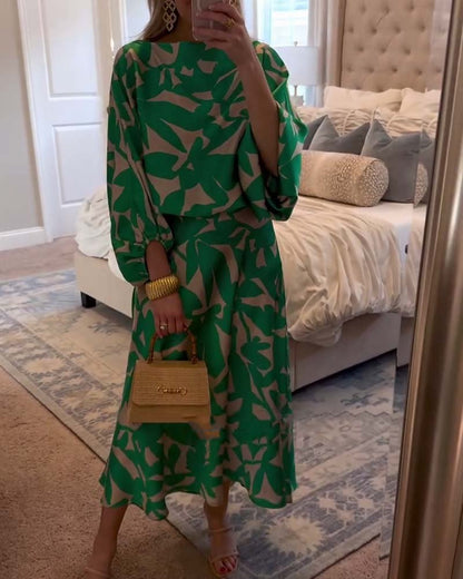 Botanical Print Lantern Sleeve Top & Skirt Two-Piece Set