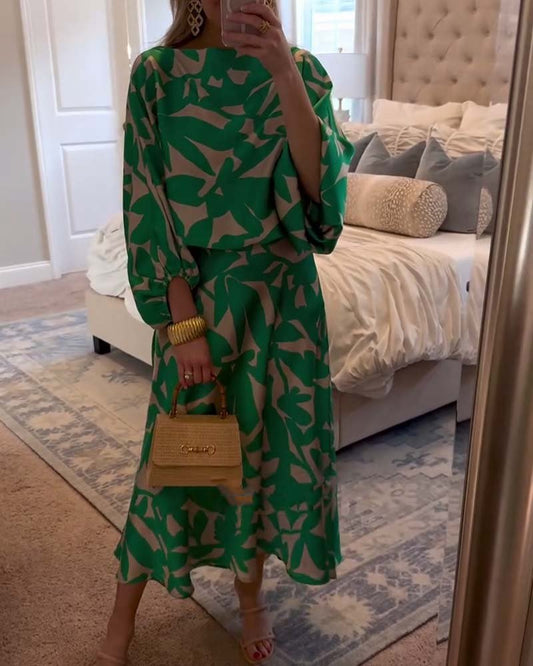 Botanical Print Lantern Sleeve Top & Skirt Two-Piece Set
