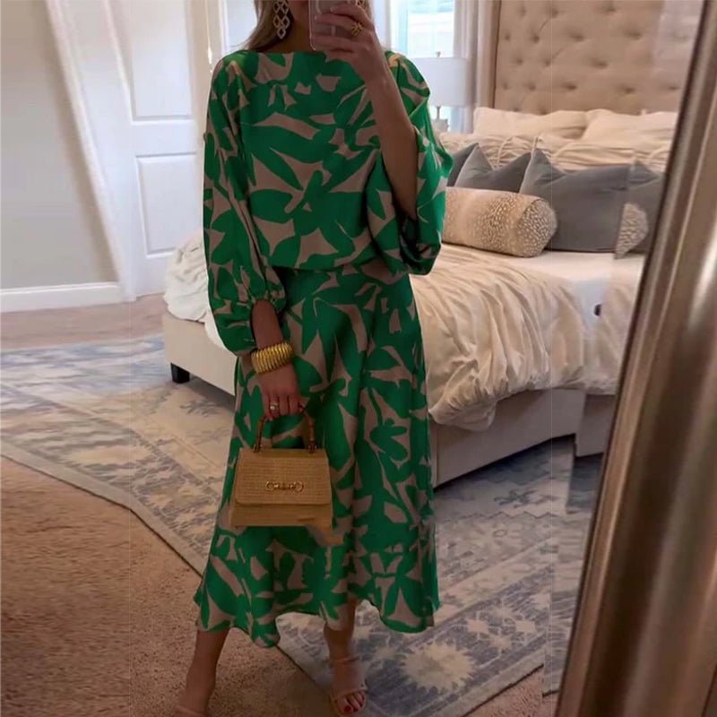 Botanical Print Lantern Sleeve Top & Skirt Two-Piece Set