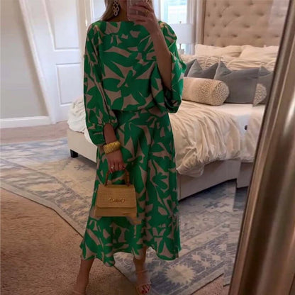 Botanical Print Lantern Sleeve Top & Skirt Two-Piece Set