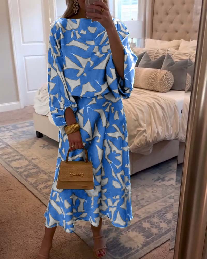 Botanical Print Lantern Sleeve Top & Skirt Two-Piece Set