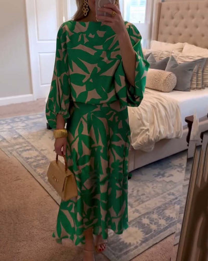 Botanical Print Lantern Sleeve Top & Skirt Two-Piece Set