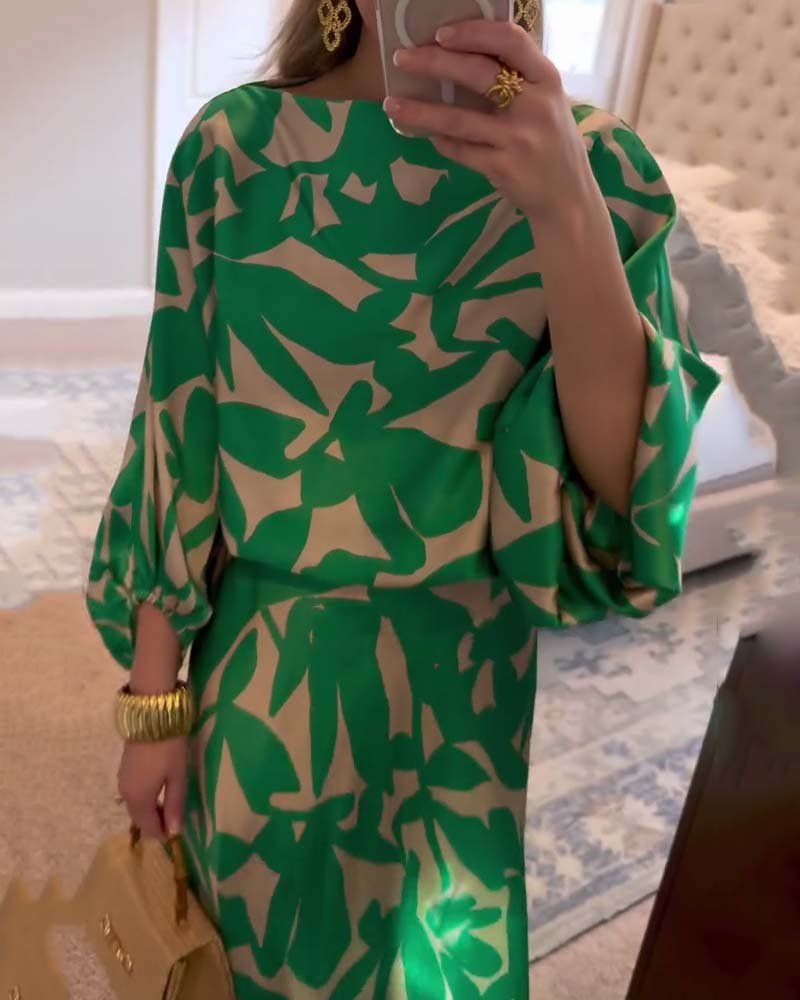 Botanical Print Lantern Sleeve Top & Skirt Two-Piece Set