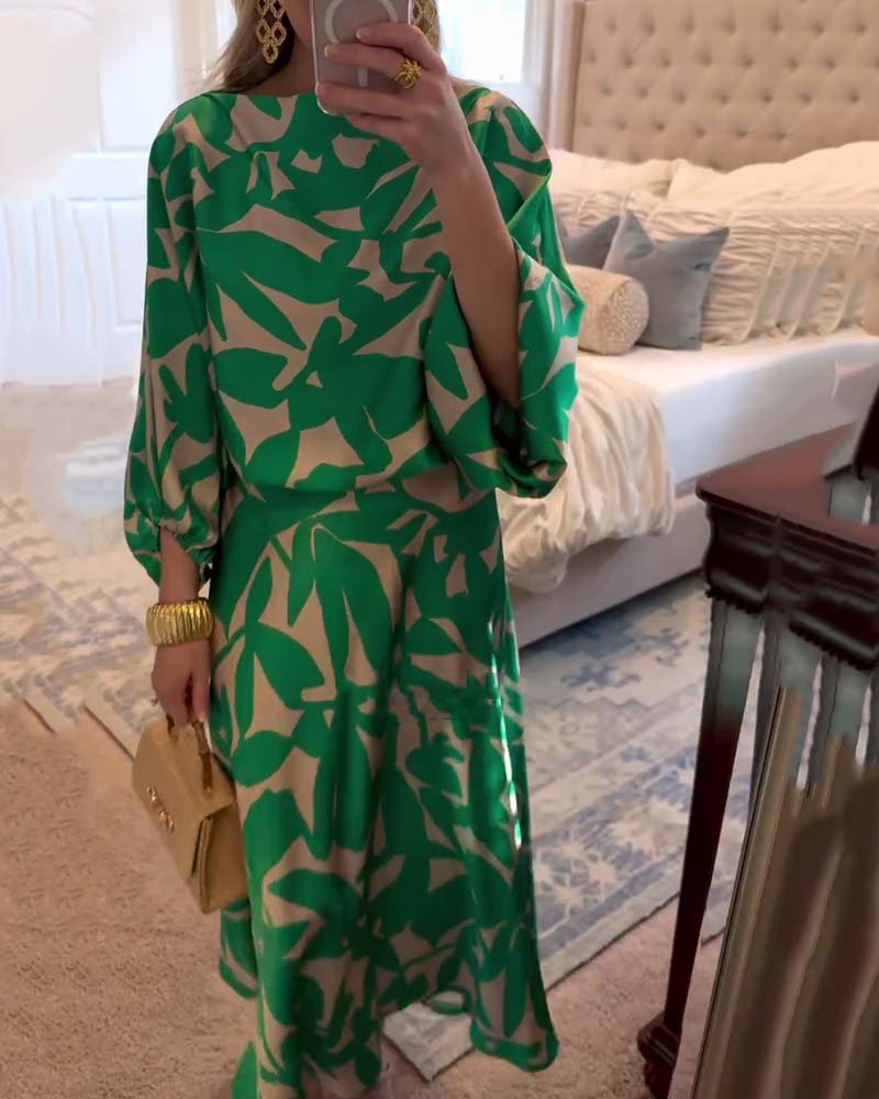 Botanical Print Lantern Sleeve Top & Skirt Two-Piece Set