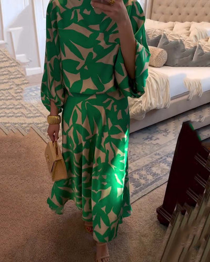 Botanical Print Lantern Sleeve Top & Skirt Two-Piece Set