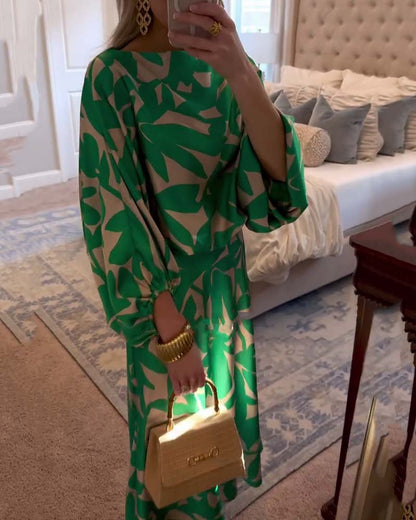 Botanical Print Lantern Sleeve Top & Skirt Two-Piece Set