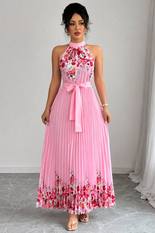 Floral Pleated Halter Neck Midi Dress with Belt