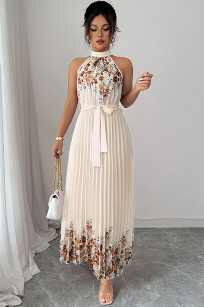 Floral Pleated Halter Neck Midi Dress with Belt