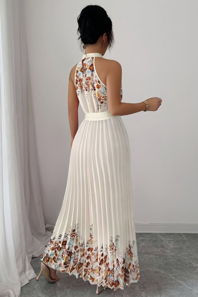 Floral Pleated Halter Neck Midi Dress with Belt