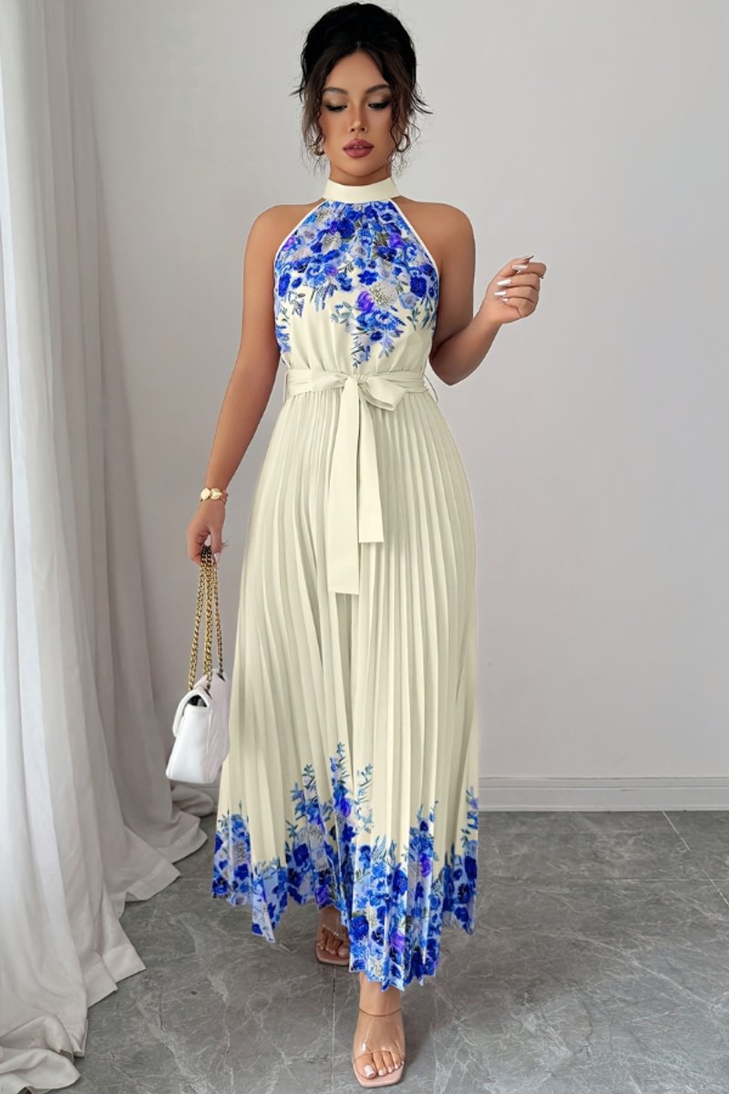 Floral Pleated Halter Neck Midi Dress with Belt
