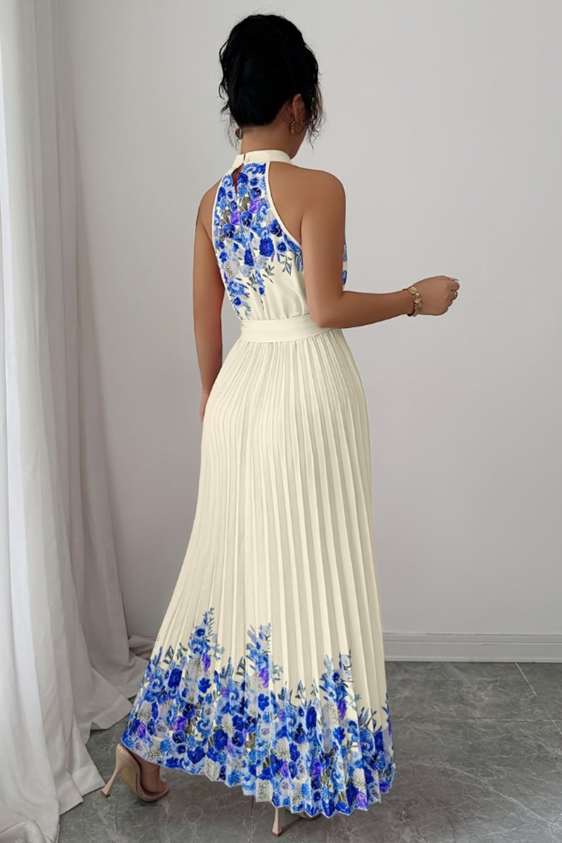 Floral Pleated Halter Neck Midi Dress with Belt