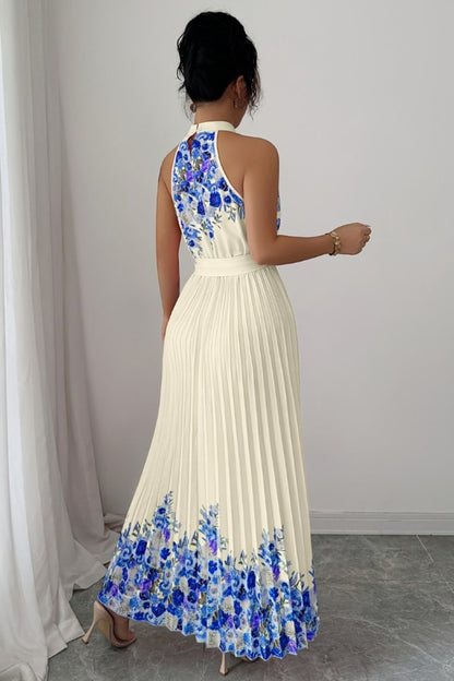 Floral Pleated Halter Neck Midi Dress with Belt
