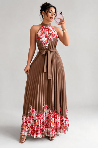 Floral Pleated Halter Neck Midi Dress with Belt